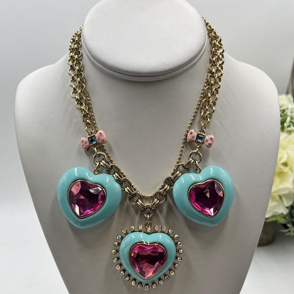 Betsey Johnson Vintage CandyLand Aqua Blue Puffy Lucite Heart Statement Necklace